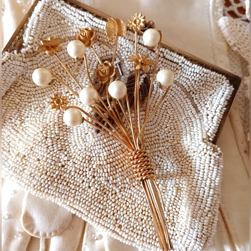 FABULOUS , OVERSIZED VINTAGE HANDMADE GOLDEN WHEAT WITH FAUX PEARLS AND FLORALS!